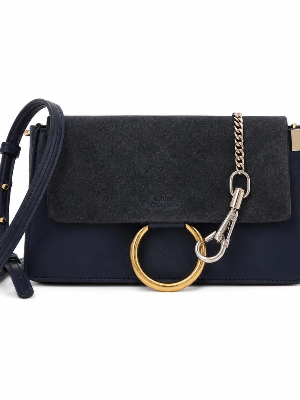 Chloé Navy Suede & Leather Crossbody with Mixed Metal Ring